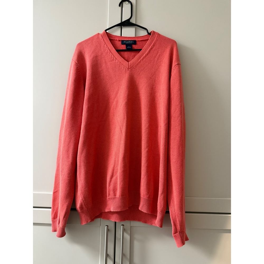 Brooks Brothers Mens XL Pima Cotton V-Neck Sweater Coral Orange Ribbed Trim